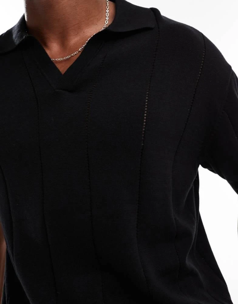 Bershka Bershka textured knitted polo shirt in black 4