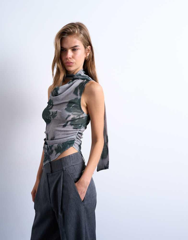Topshop Topshop floral print mesh asymmetric scarf detail top in grey