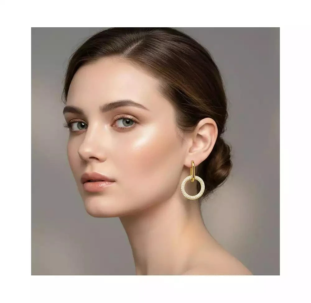 Rachel Glauber Modern Round 
Oval Fusion Paved CZ Drop Hoop Earrings 2