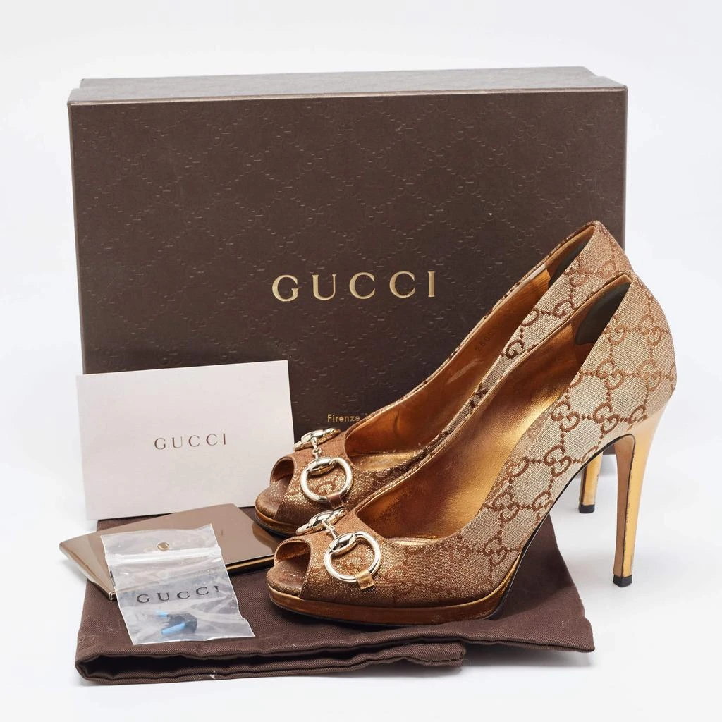 Gucci Gucci Bronze GG Canvas and Leather New Hollywood Horsebit Peep Toe Pumps Size 37 9
