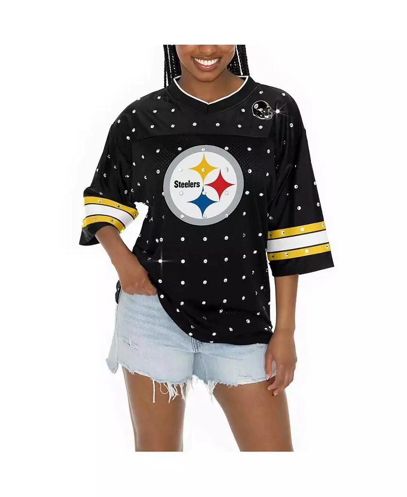 Gameday Couture Women's Black Pittsburgh Steelers Kickoff Time Allover Rhinestone Sports Stripe Jersey V-Neck T-Shirt 2