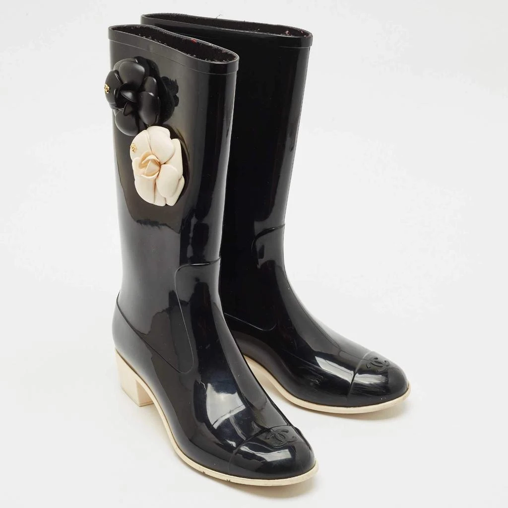 Chanel Chanel Black Rubber Camellia Embellished CC Rain Boots Size 39 4