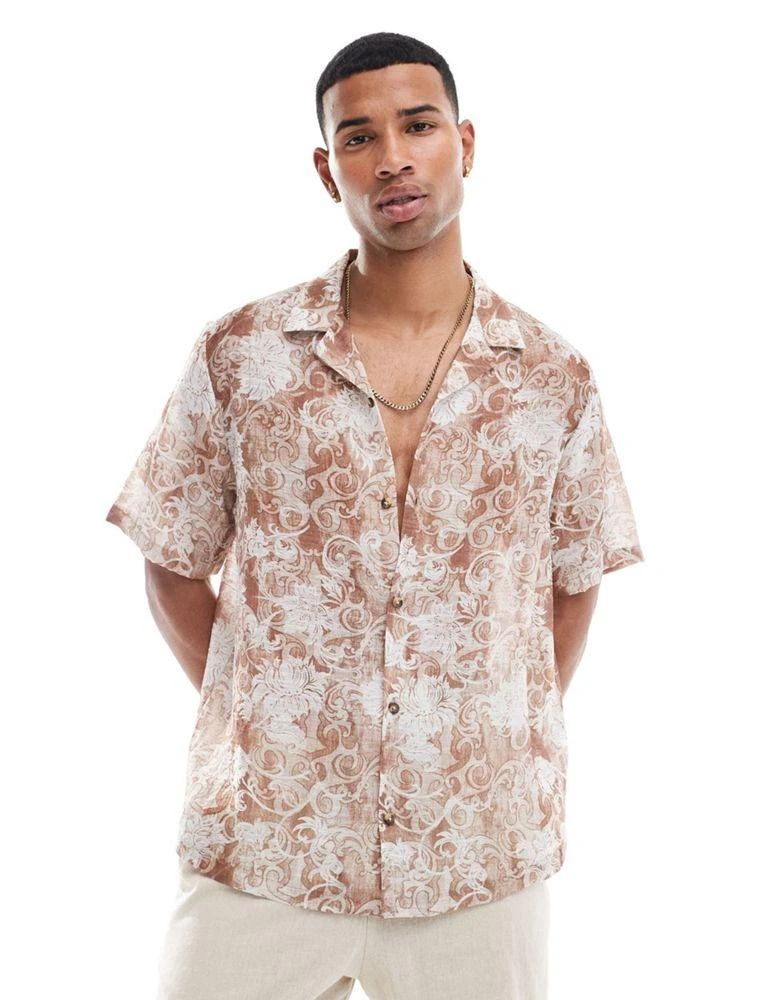 ASOS ASOS DESIGN relaxed revere shirt with baroque floral print in neutral 1