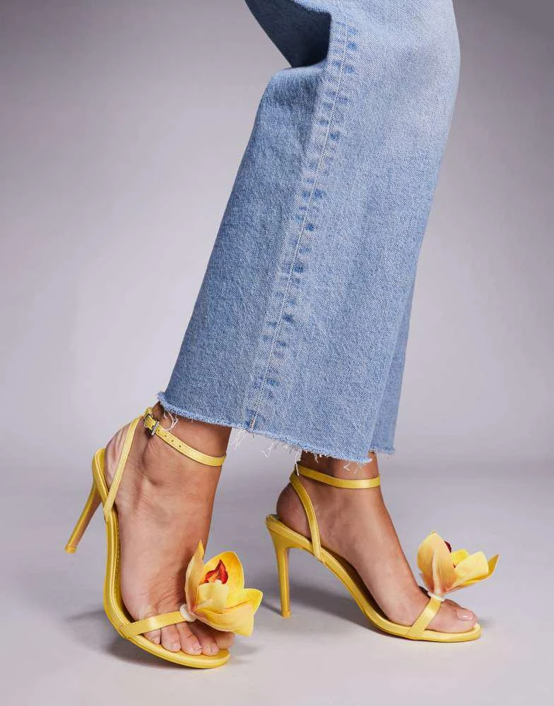 Public Desire Public Desire Smitten satin lily flower barely there high heels in yellow 4
