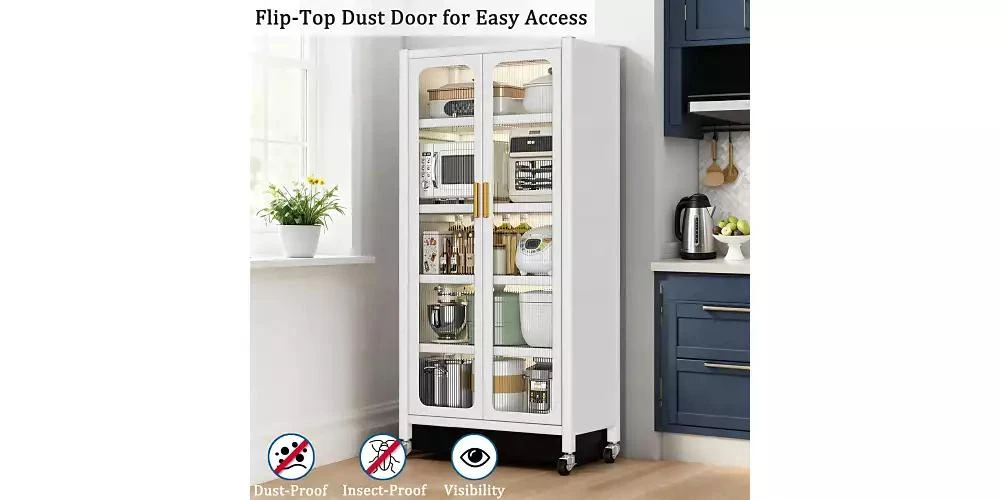 Flynama 65inch Kitchen Pantry Storage Cabinet 6 Tier Metal Display Cabinet with Transparent Door Adjustable Shelves Wheels White 6