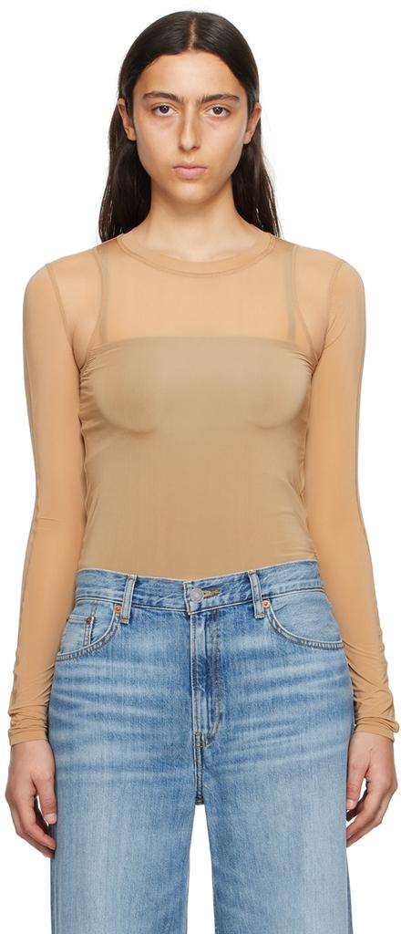 LVIR Beige Contrast Mesh Long Sleeve T-Shirt