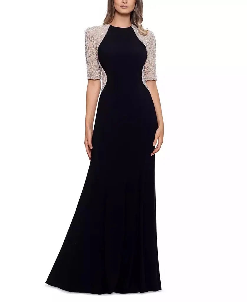 XSCAPE Women's Beaded-Sleeve Scuba-Crepe Gown