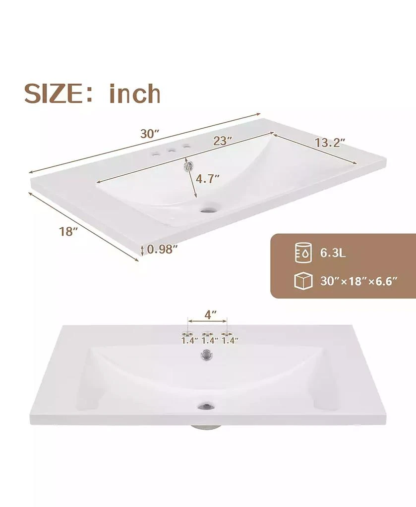 CASAINC 30" Single Bathroom Vanity Top with Basin, 3-Faucet Holes, Ceramic Construction 6