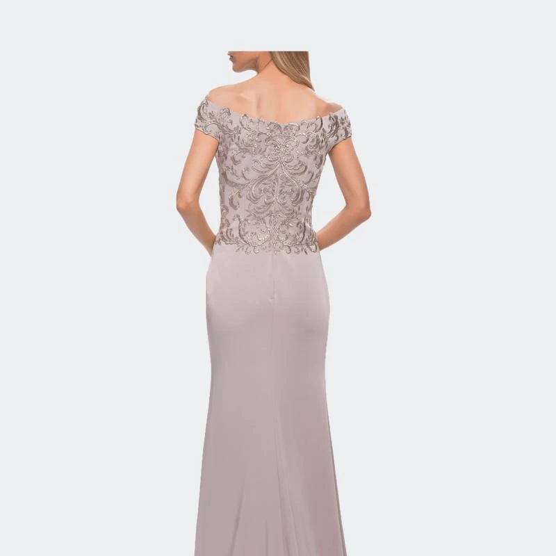 La Femme Chic Satin Gown with Lace Off the Shoulder Top 2