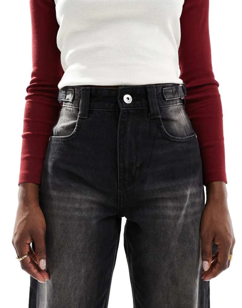 Bershka Bershka adjustable waist carpenter jeans in acid wash black 5