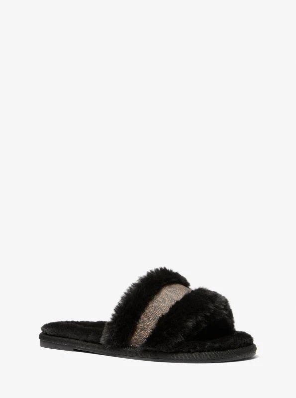 Michael Kors Alexis Faux Fur and Metallic Signature Logo Slide Sandal 1