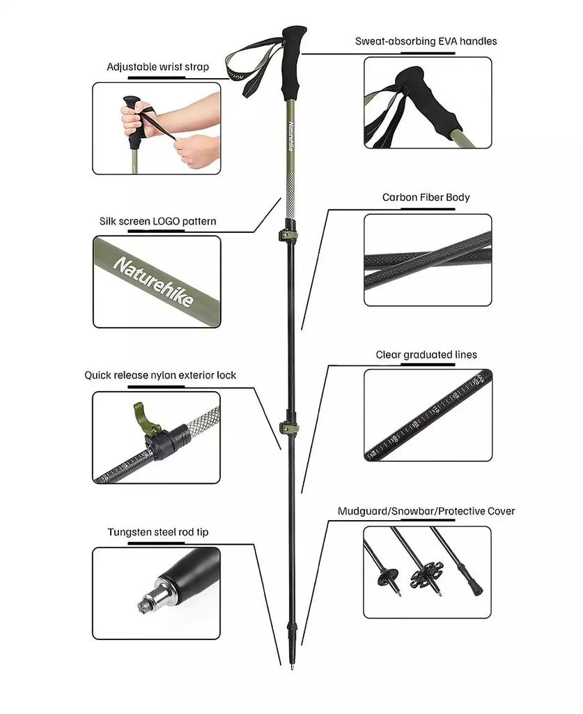 Naturehike 1pc Trekking Pole Carbon 169g, Adjustable Ultra-Lightweight Hiking Sticks Unisex Walking Stick with Accessories for Outdoor,Soil Brown 2