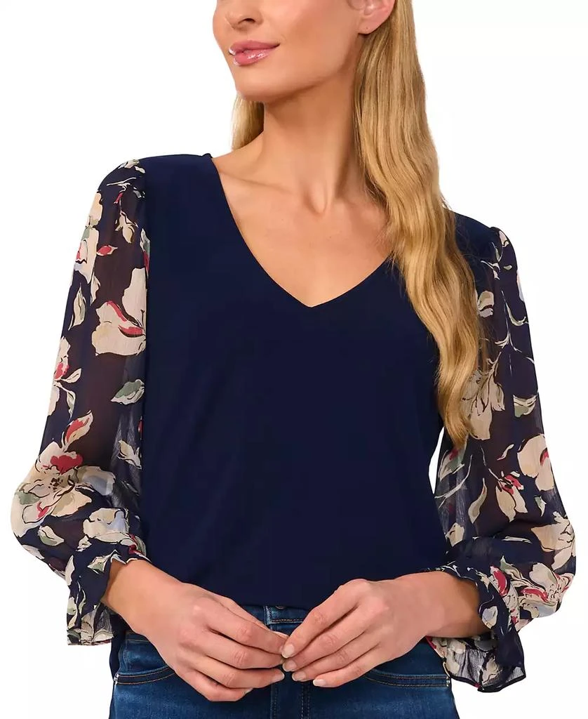 CeCe Women's V-Neck Mixed-Media Floral-Sleeve Top 1