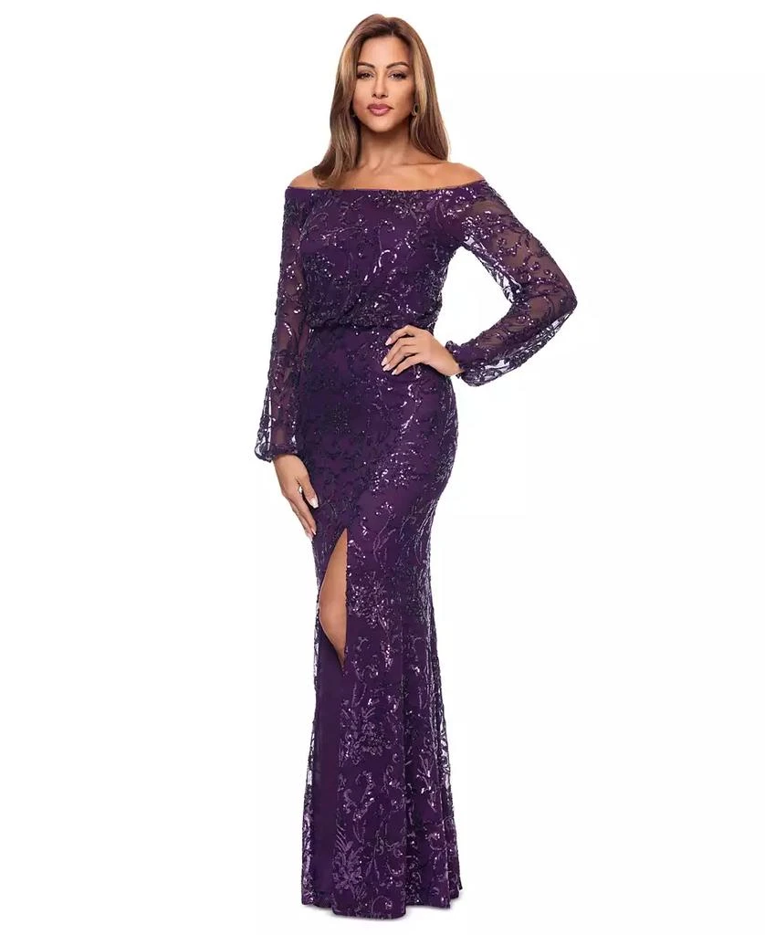 XSCAPE Petite Sequin Off-The-Shoulder Side-Slit Gown 2