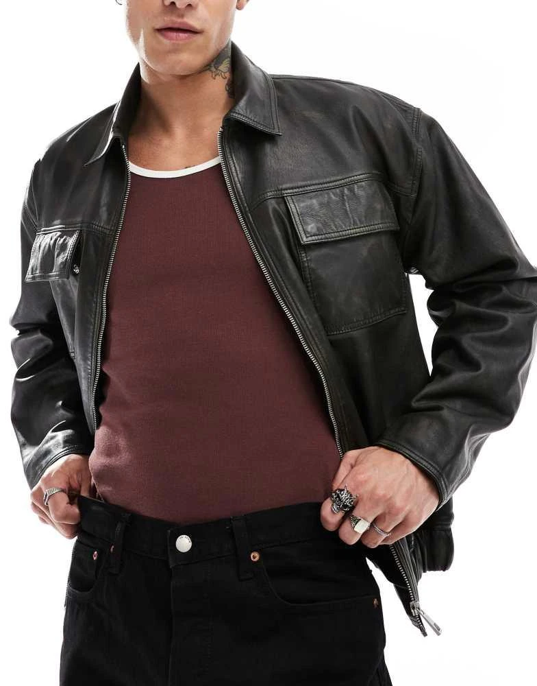 ASOS ASOS DEISGN Premium real leather oversized distressed harrington jacket in black 1