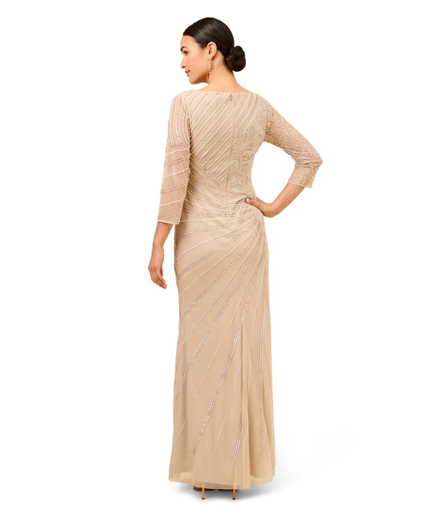 Adrianna Papell Long Sleeve Beaded Long Gown with Starburst Bead Pattern