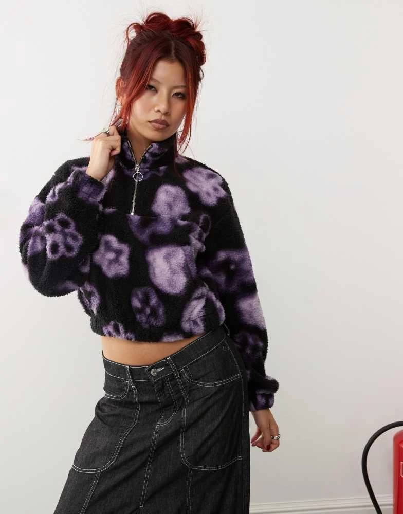 Monki Monki borg half zip up fleece sweatshirt in black flower print 1