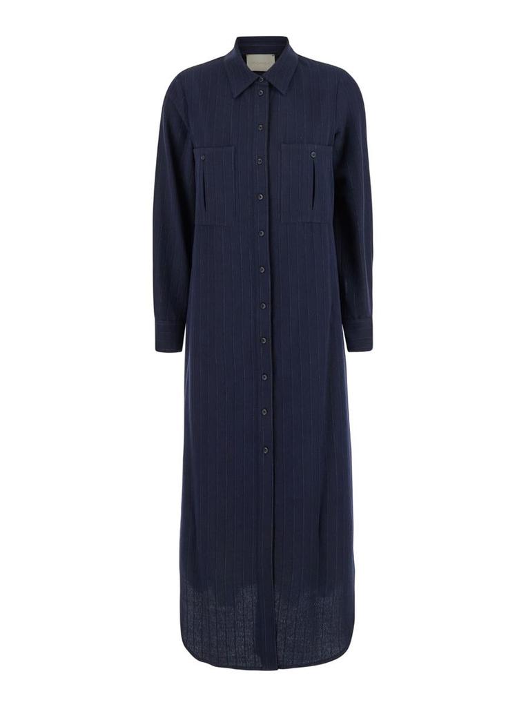 Momonì 'Hana' Blue Midi Dress With Classic Collar And All-Over Striped Motif In Wool Blend Woman