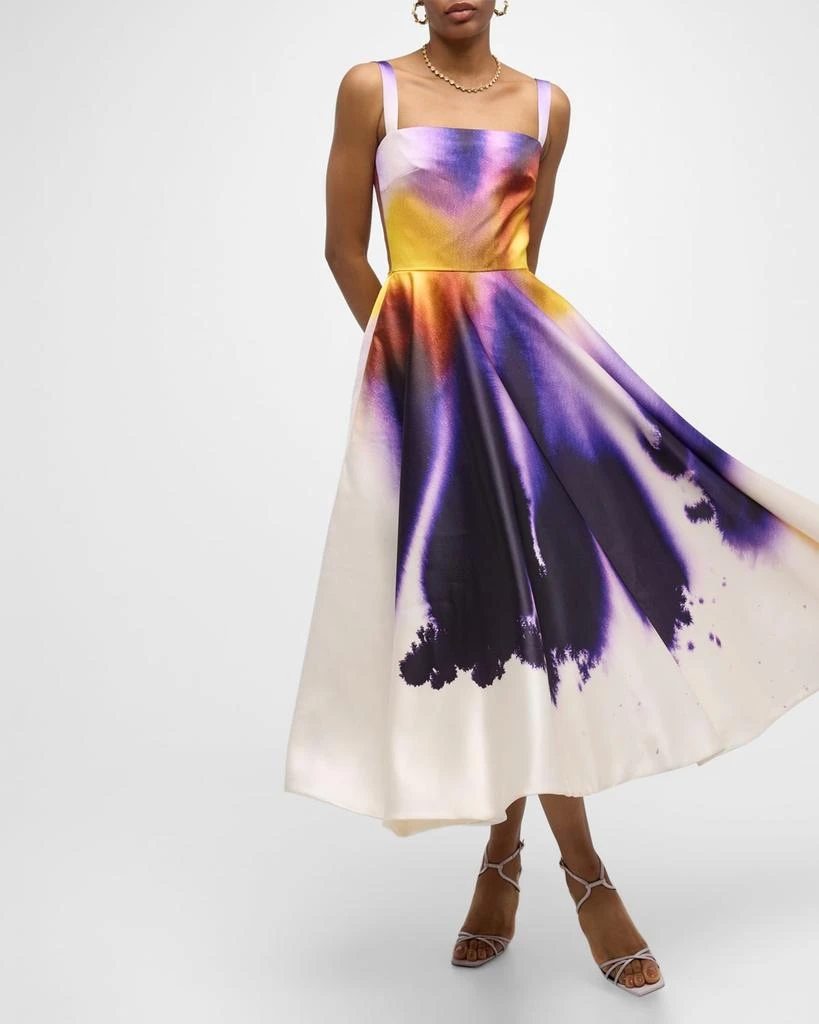 Oscar de la Renta Long Abstract Orchid Satin Fit-Flare Dress 5