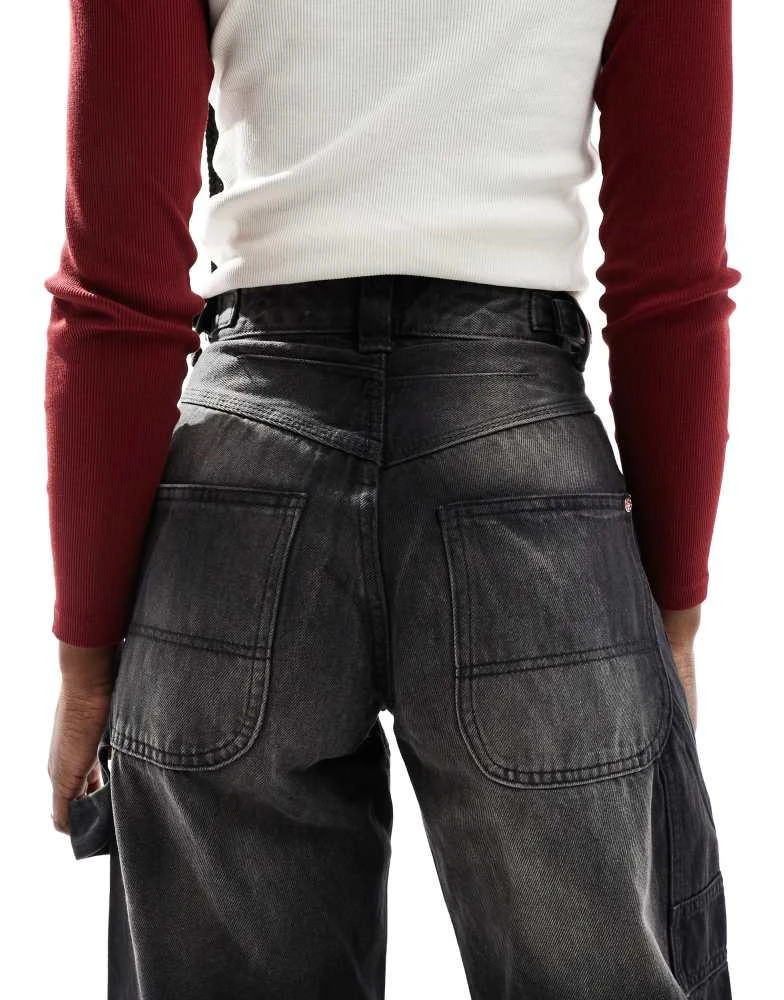 Bershka Bershka adjustable waist carpenter jeans in acid wash black 4