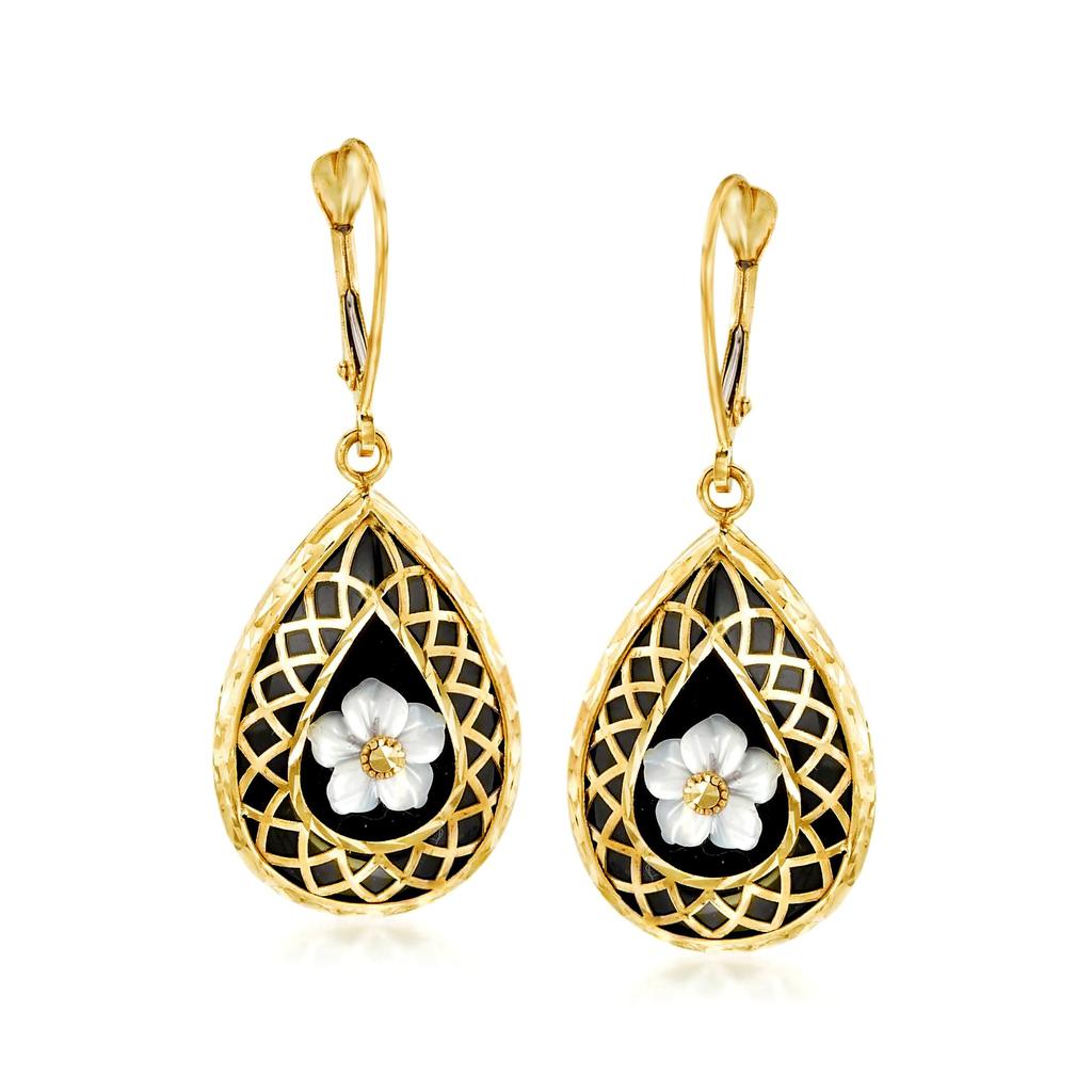 Ross-Simons Ross-Simons Black Onyx and Mother-Of-Pearl Flower Overlay Drop Earrings in 14kt Yellow Gold
