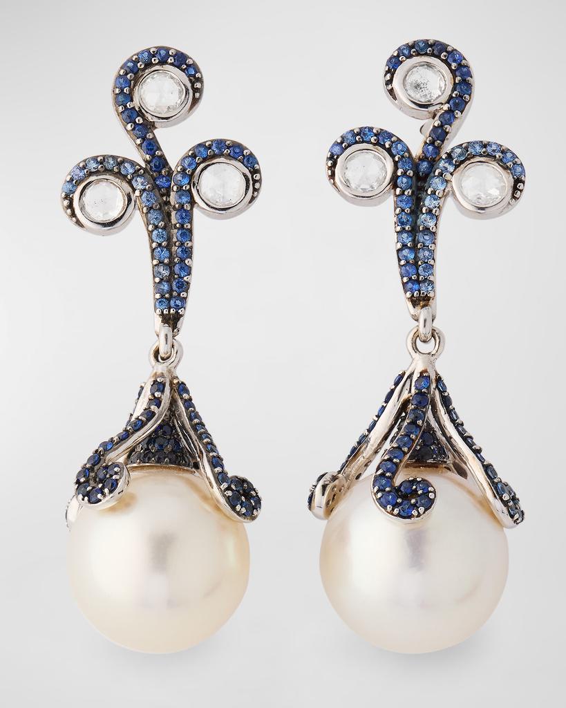 BELPEARL 18K White Gold 12mm South Sea Pearl, Sapphire and Diamond Earrings