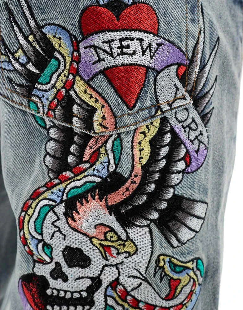 Ed Hardy Ed Hardy straight leg NYC denim embroidered jeans in bleach 5
