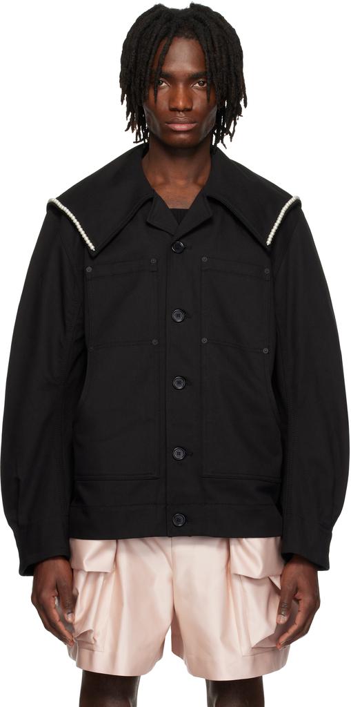 Shop Black Beaded Sailor Collar Workwear Jacket on Sale at