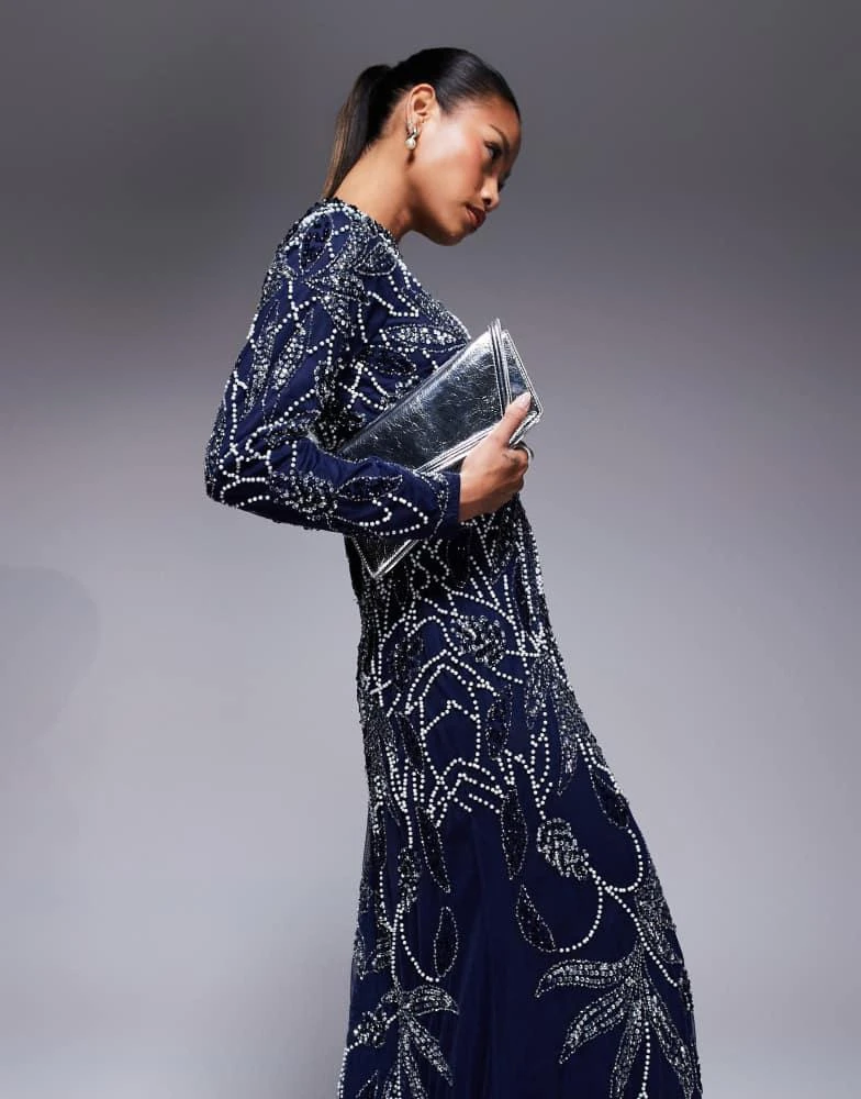Beauut Beauut Safa embellished long sleeve maxi dress in navy 2
