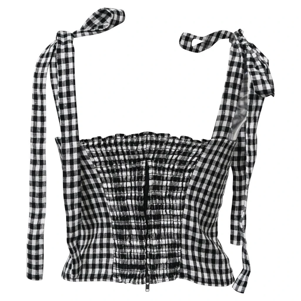 Reformation Cropped Gingham Print Self-Tie Top in Black and White Cotton 3