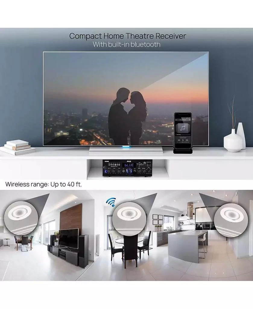 Pyle Bluetooth Stereo Amplifier Receiver - Optical, Phono, Coaxial, FM Radio, USB 
SD Memory Card Readers, Line (3.5mm) Input, Digital LED Display, Microphone Inputs (200W) 3