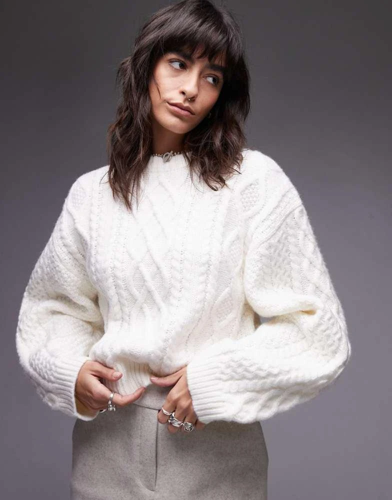Topshop Topshop knitted curved sleeve cable oversized jumper in ivory 1
