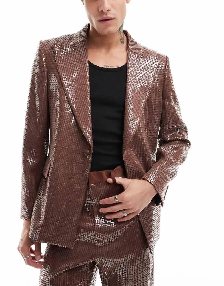 ASOS ASOS DESIGN sequin slim fit suit jacket in brown 1