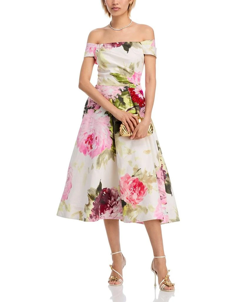 Teri Jon Off-the-Shoulder Cotton Dress with Beaded Flower Waist 2