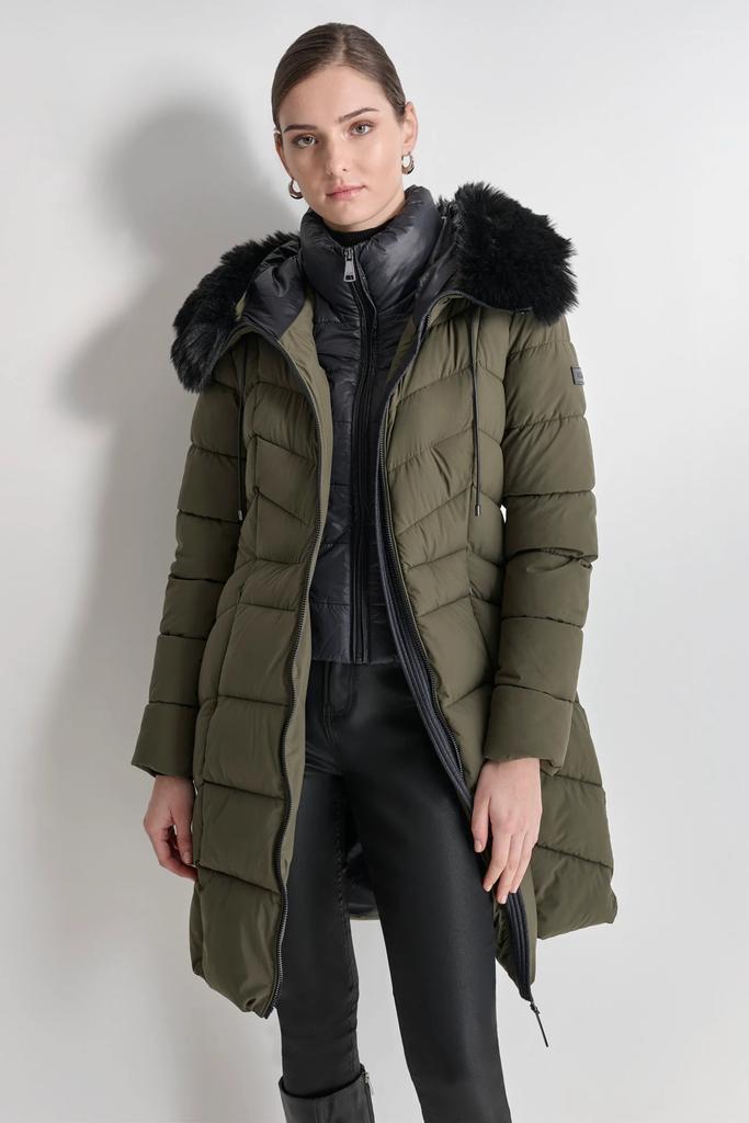 DKNY BIBBED FAUX-FUR HOODED PUFFER