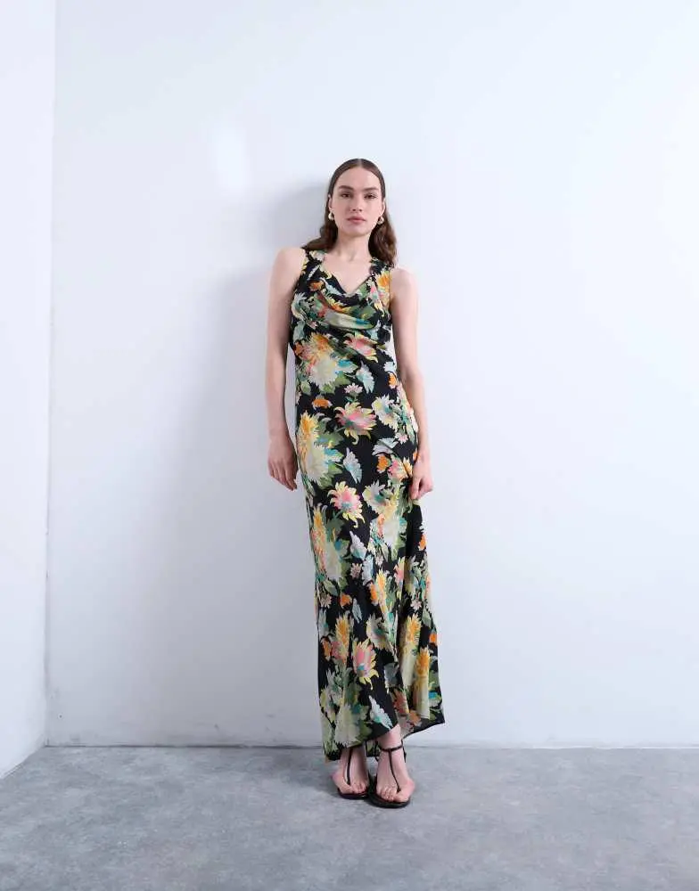 Topshop Topshop seamed high cowl neck maxi dress in vibrant vintage floral