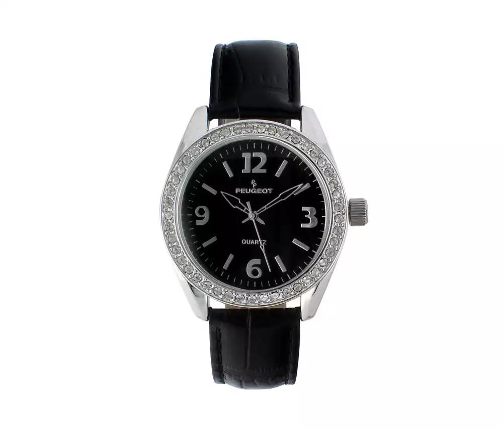 Peugeot Women's Black Watch 40mm Bold Crystal Bezel Leather Strap