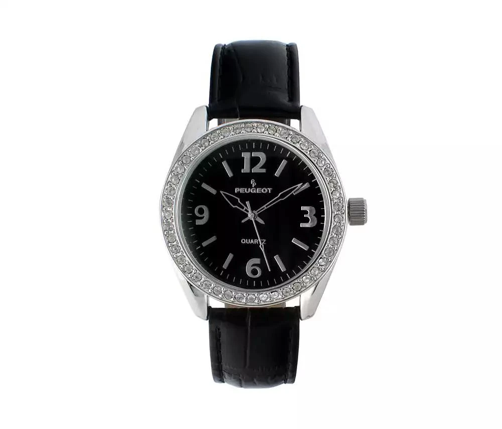 Peugeot Women's Black Watch 40mm Bold Crystal Bezel Leather Strap 1