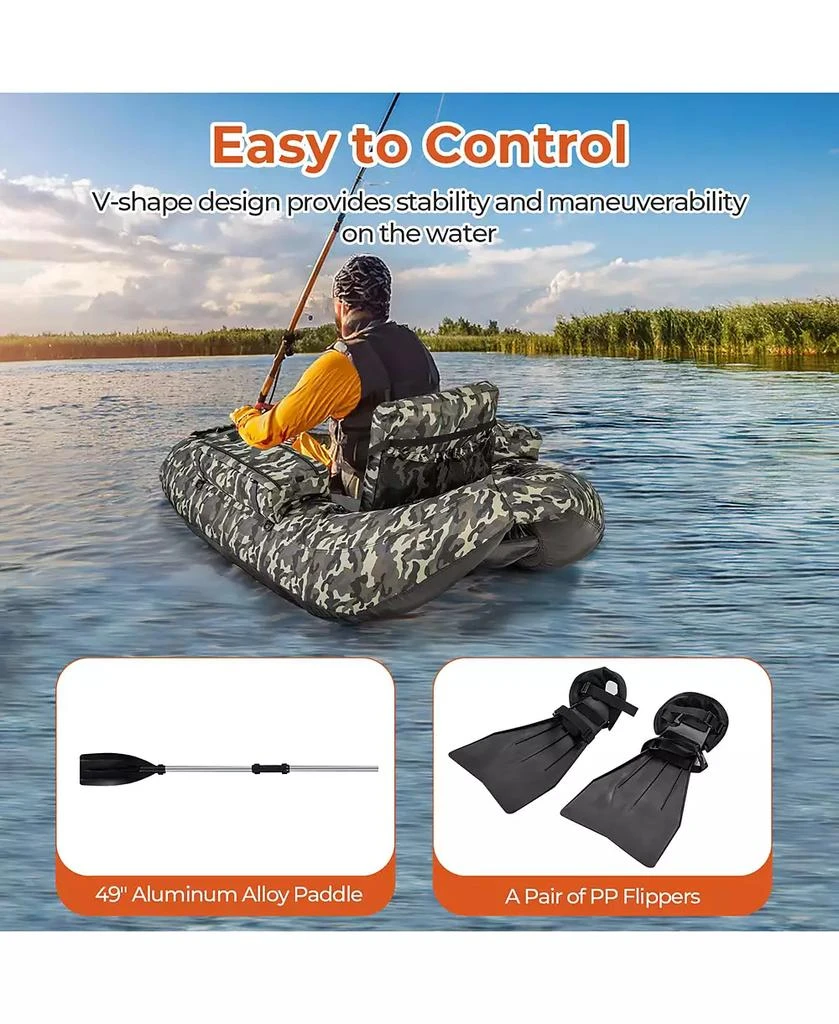 Gymax Inflatable Float Tube w/ Fish Ruler Rod Holder Storage Pockets Flippers Paddle 7
