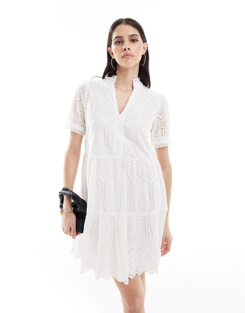 Y.A.S. YAS v neck broderie mini dress in white - WHITE
