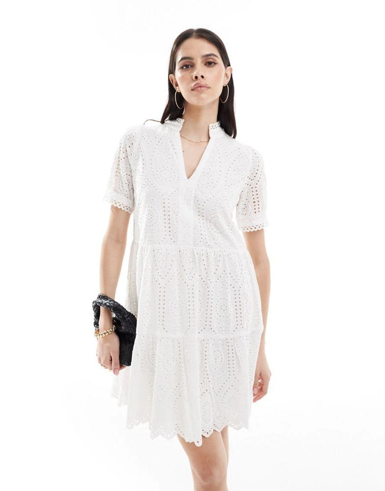 Y.A.S. YAS v neck broderie mini dress in white - WHITE 1
