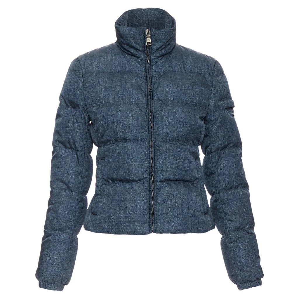 Prada Prad navy denim fabric print triangle logo cropped puffer jacket 1