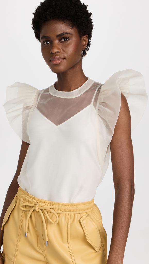 Jonathan Simkhai Corina Organza Ruffle Sleeve Crew Neck Top