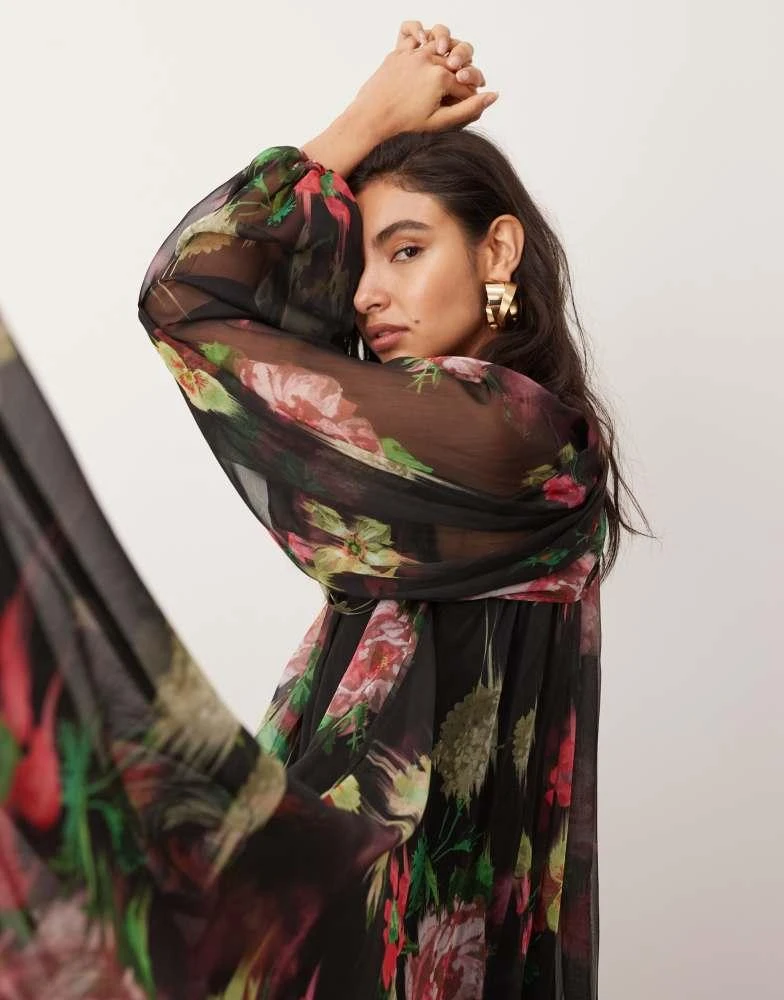 ASOS EDITION chiffon volume sleeve maxi dress in black base floral print   On Sale Now with Up to 16% Off | Discover Exclusive Deals & Savings at  BeyondStyle  Authentic ASOS