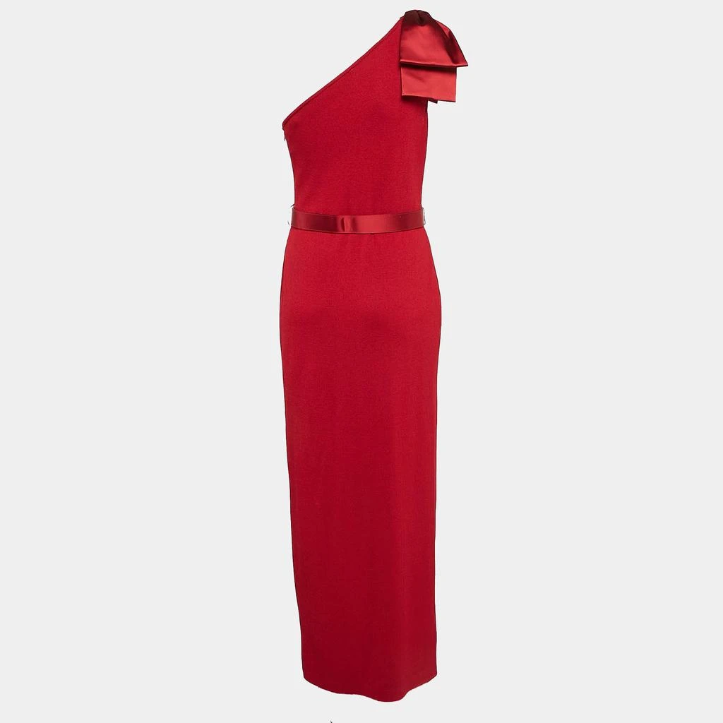 St. John St. John Red Rib Knit Bow One Shoulder Belted Maxi Dress M 3