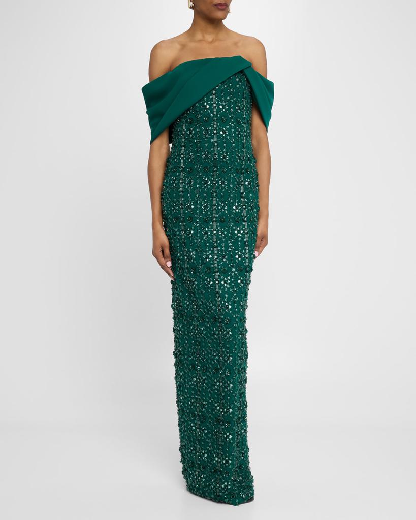 Pamella Roland Crystal Embroidered Tulle And Crepe Off-The-Shoulder Gown