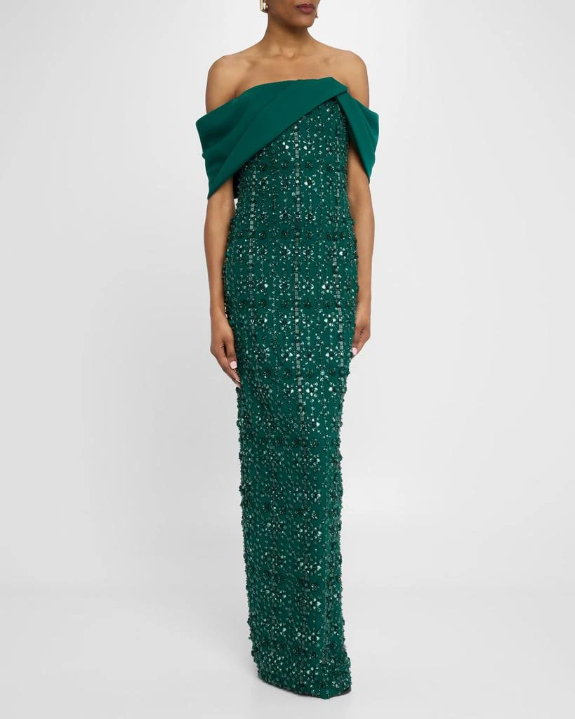 Pamella Roland Crystal Embroidered Tulle And Crepe Off-The-Shoulder Gown 2