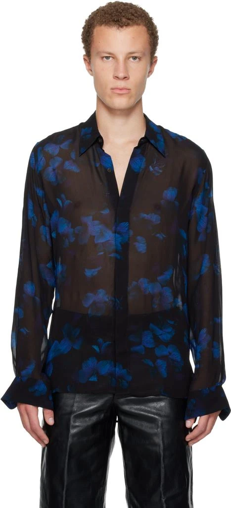 Dries Van Noten Black 
Blue Sheer Viscose Shirt 1