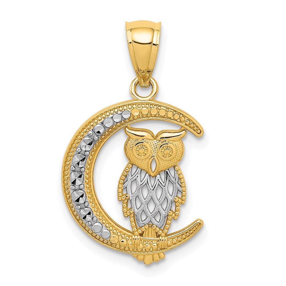 Diamond2Deal 14k Yellow Gold and White Rhodium Diamond-cut Owl on the Moon Pendant