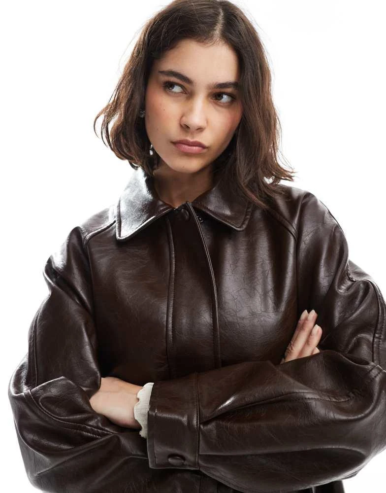 Brown Leather Asos Oversized Leather Jacket ASOS DESIGN Faux